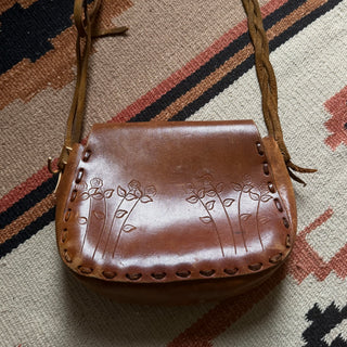 70s Tooled Leather Flower Bag for Women