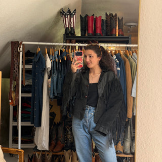 Black Fringe Suede Jacket - Large