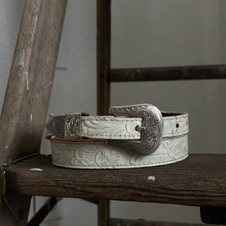 White Tooled Wrangler Belt - Sizes 26” - 28”