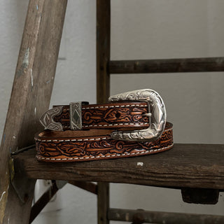Brown Tooled Leather Belt - 25” - 28”