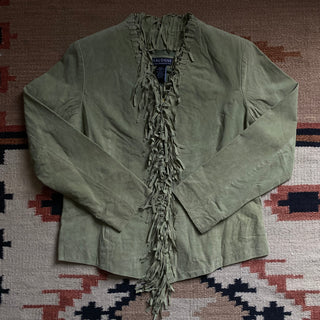 Vintage Sage Green Suede Fringe Jacket, Small for Women