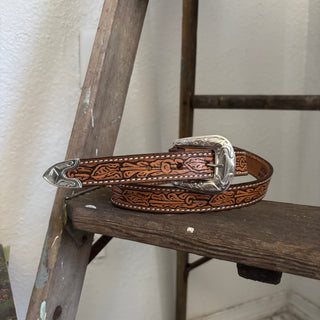 Western Tooled Leather Belt 25” - 28”