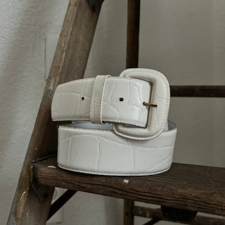 White Embossed Leather Belt - 30” - 33”