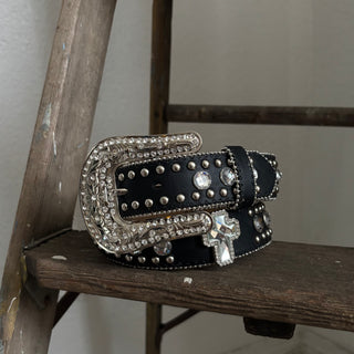 Bedazzled Black Cross Belt - Sizes 29” - 38”