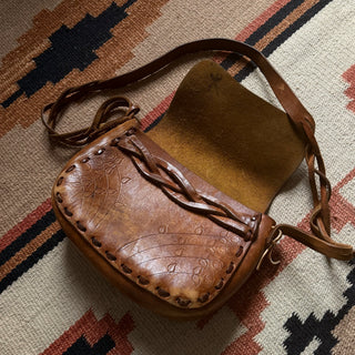 70s Tooled Leather Flower Bag for Women