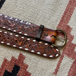 Western Tooled Leather Belt - 25” - 28”