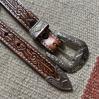 Brown Tooled Leather Belt - 25” - 28”