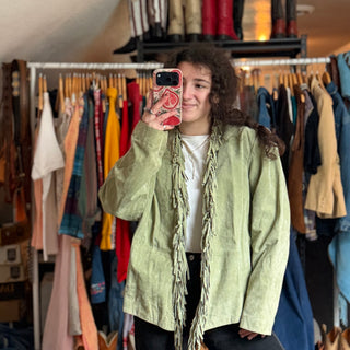 Vintage Sage Green Suede Fringe Jacket, Small for Women