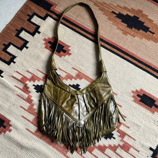 Olive Green Leather & Fringe Purse