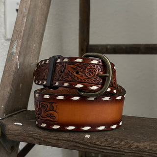 Western Tooled Leather Belt - 25” - 28”
