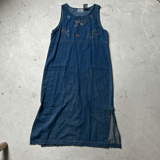 Vintage Granny Embroidered Denim Dress, Large