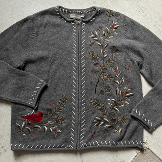 Vintage Winter Granny Embroidered Zipup Sweater, Large for Women
