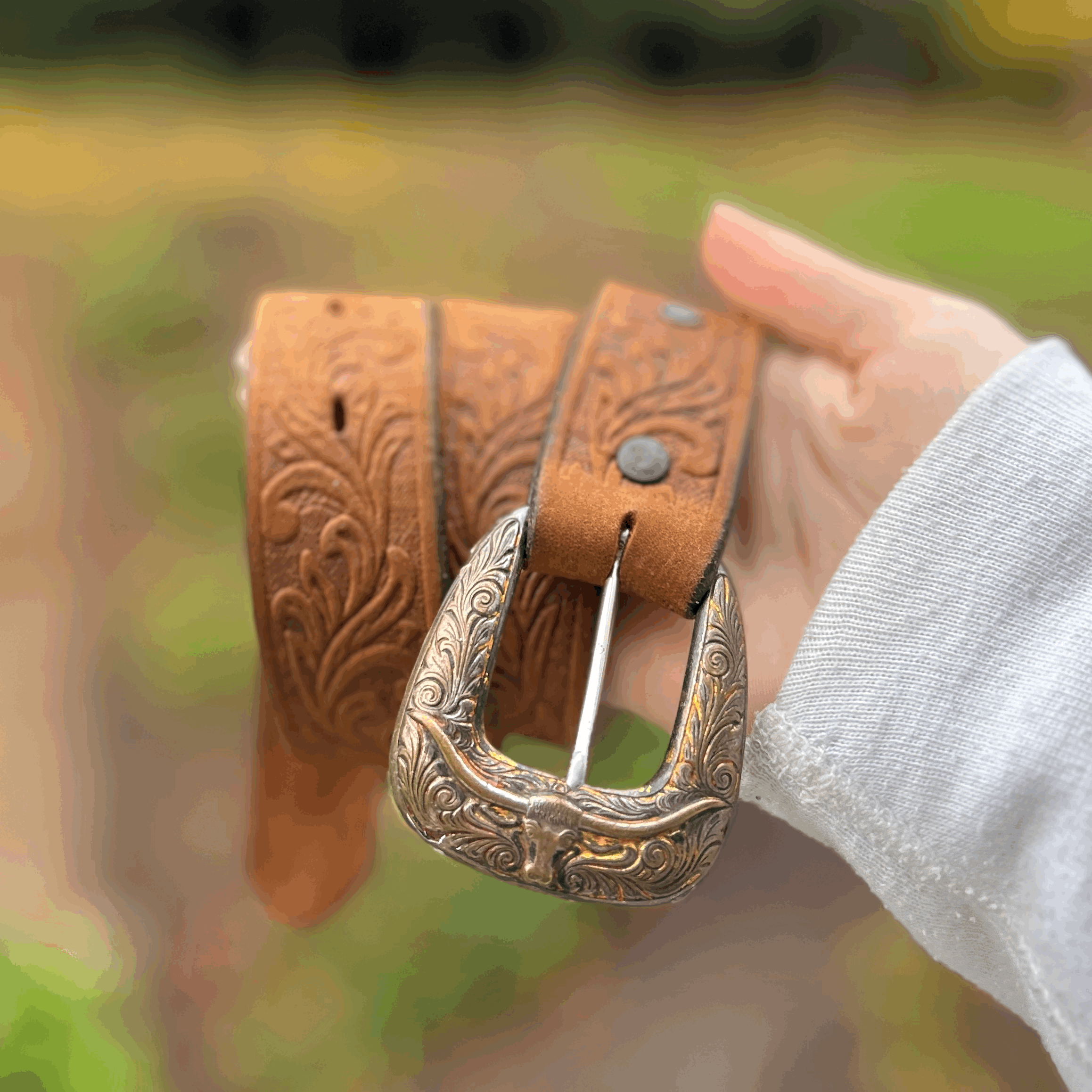 Tooled Leather Vintage Tony Lama Belt with Bull Buckle - XS