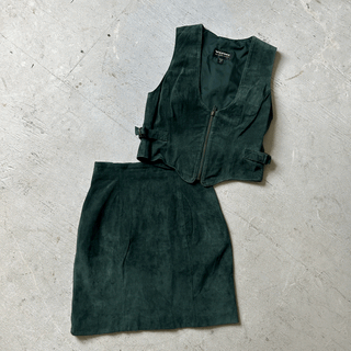 Vintage Forest Green Leather Set Skirt & Top, XS/24 inch waist for Women